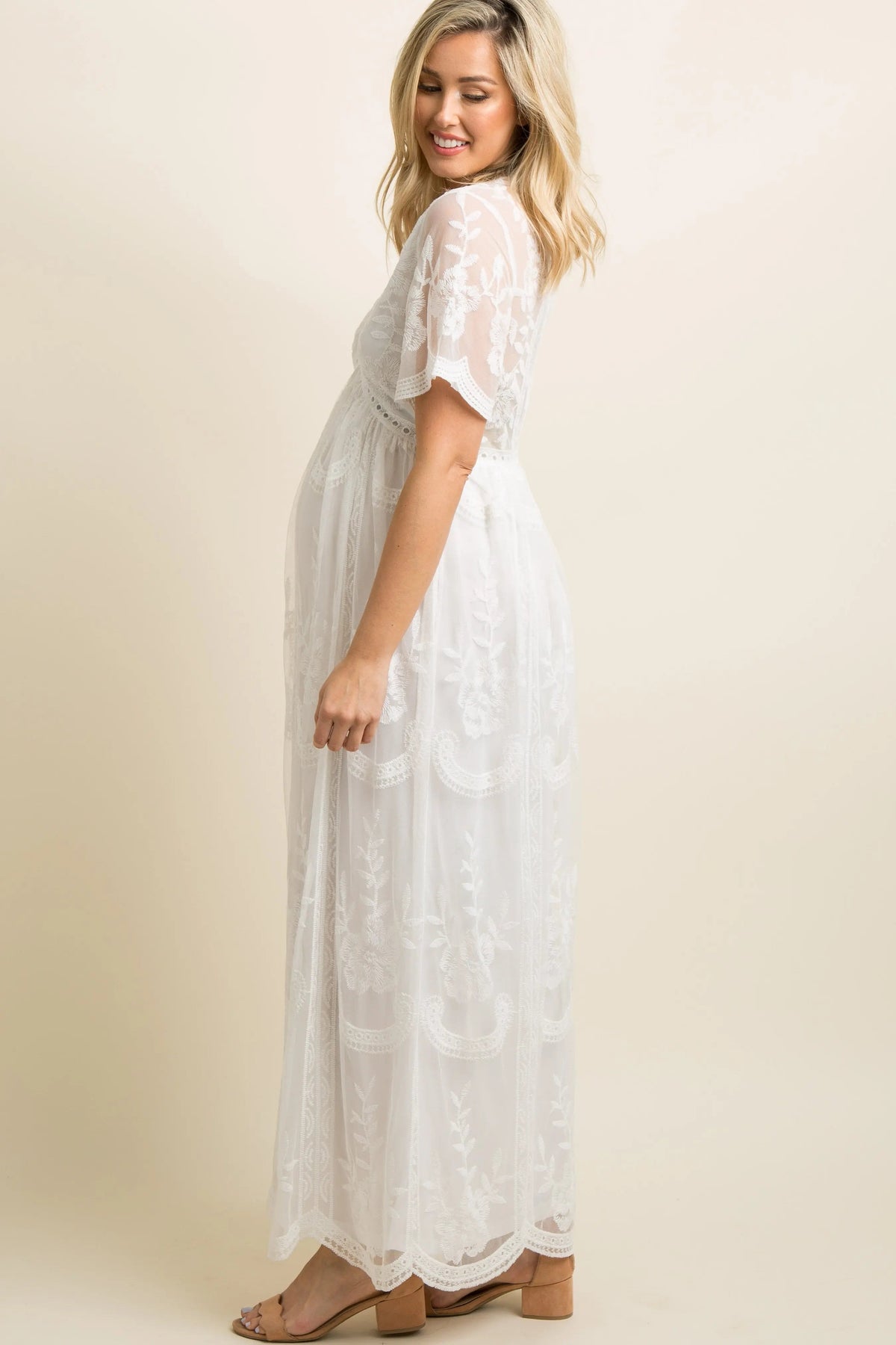 PinkBlush PinkBlush White Lace Mesh Overlay Maternity Maxi Dress - 