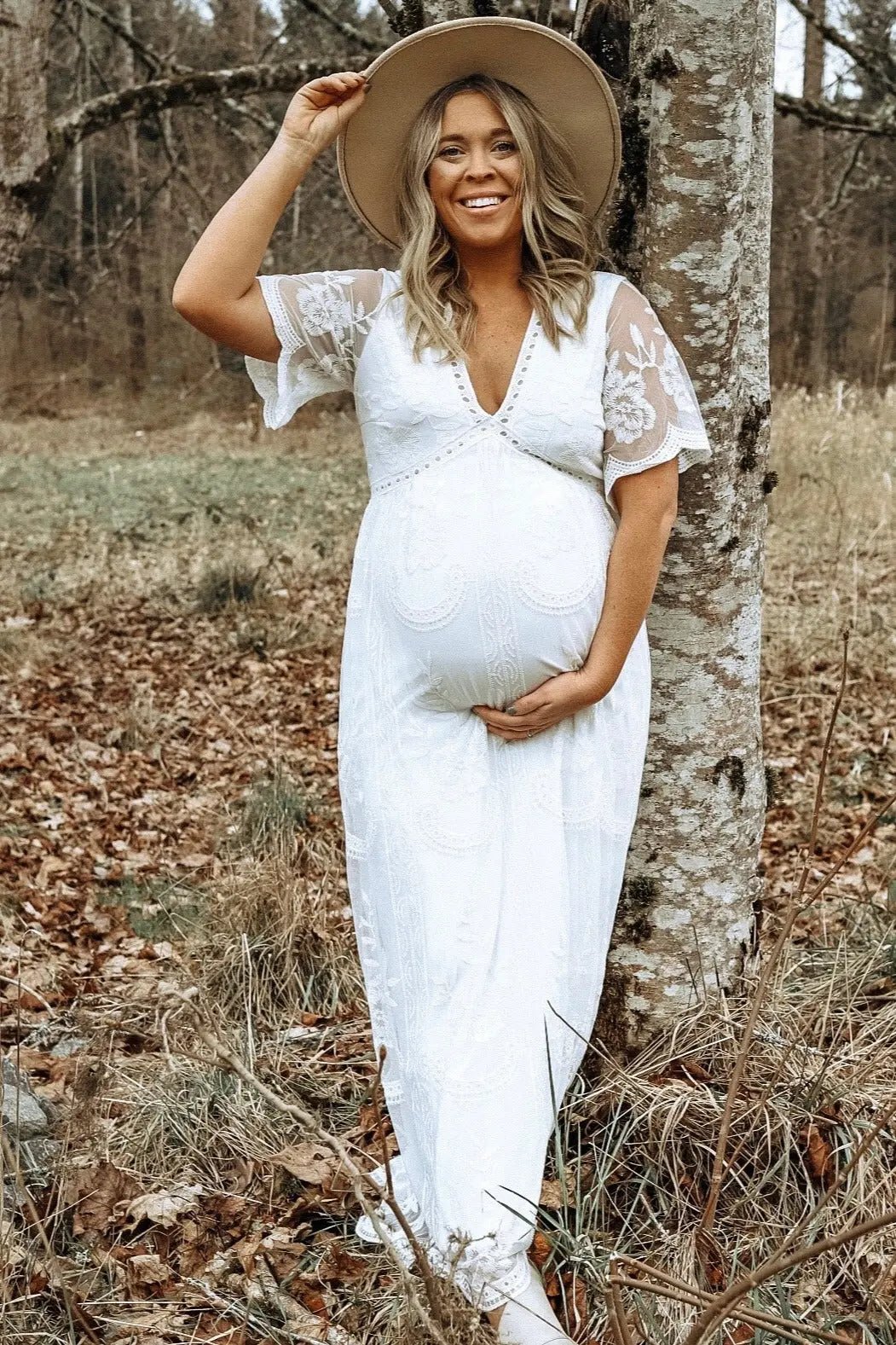 PinkBlush PinkBlush White Lace Mesh Overlay Maternity Maxi Dress - 