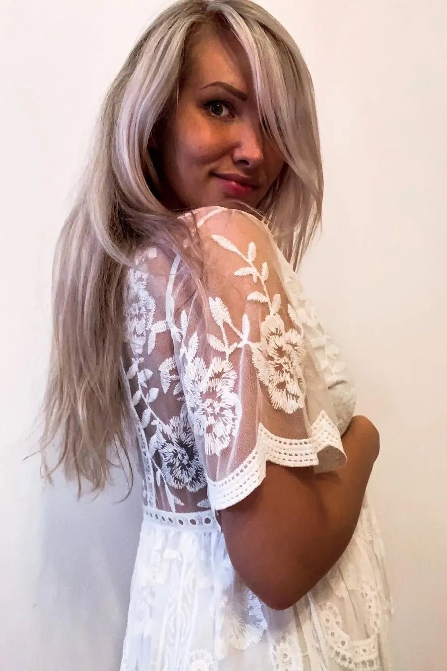 PinkBlush PinkBlush White Lace Mesh Overlay Maternity Maxi Dress - 
