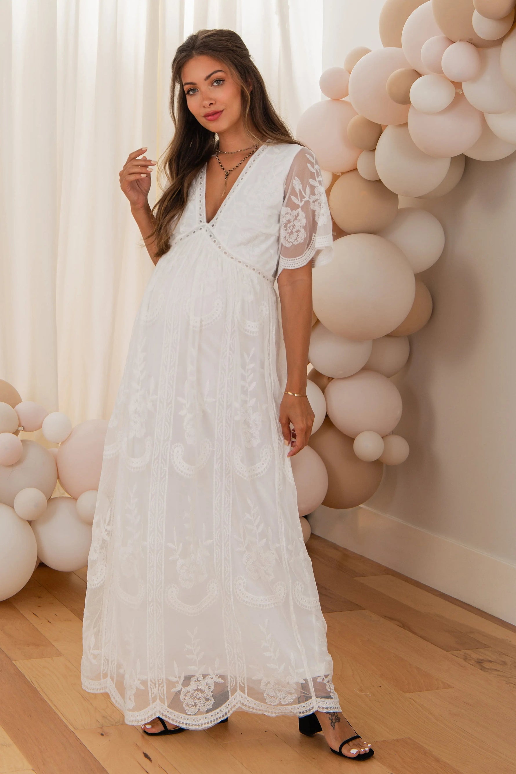 PinkBlush PinkBlush White Lace Mesh Overlay Maternity Maxi Dress - 