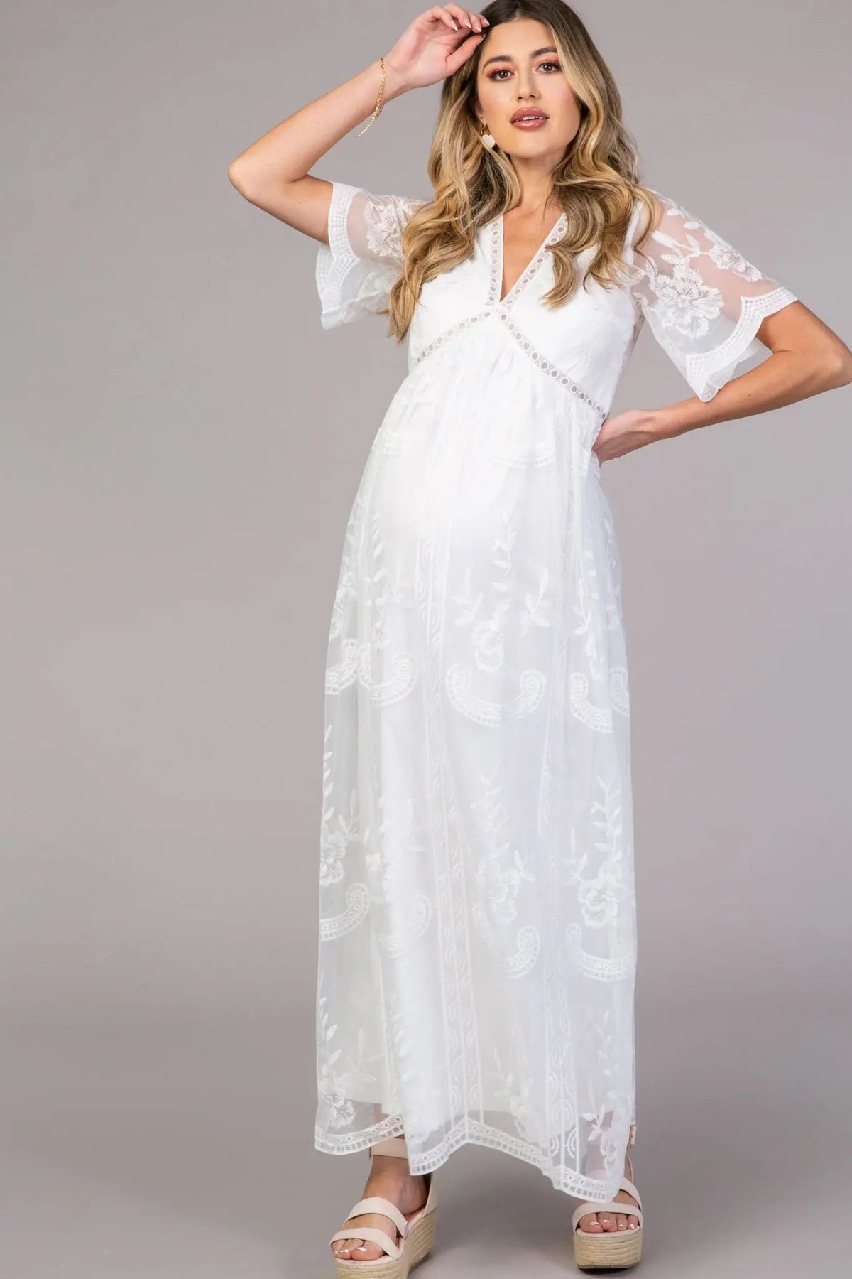 PinkBlush White Lace Mesh Overlay Maternity Maxi Dress - Shoulder, Textile, Dress, Waist, One-piece garment | Everetts Place