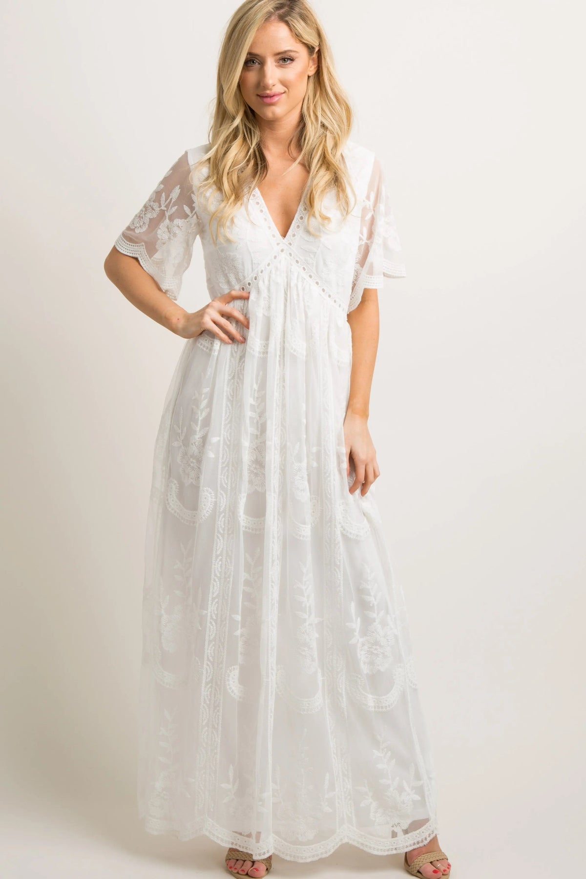 PinkBlush White Lace Mesh Overlay Maxi Dress - Sleeve, Dress, Gown, Lace, Photo shoot | Everetts Place