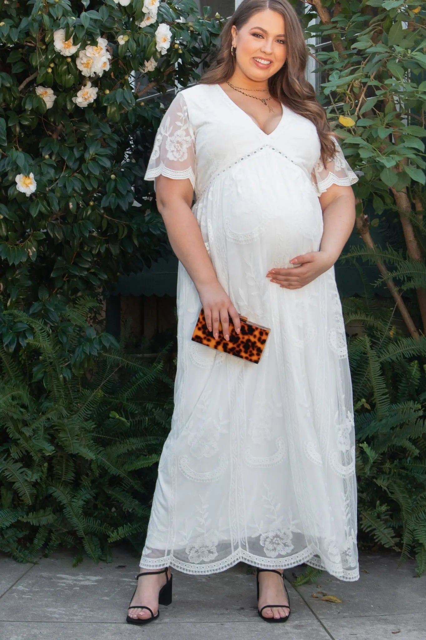 PinkBlush PinkBlush White Lace Mesh Overlay Plus Maternity Maxi Dress - 