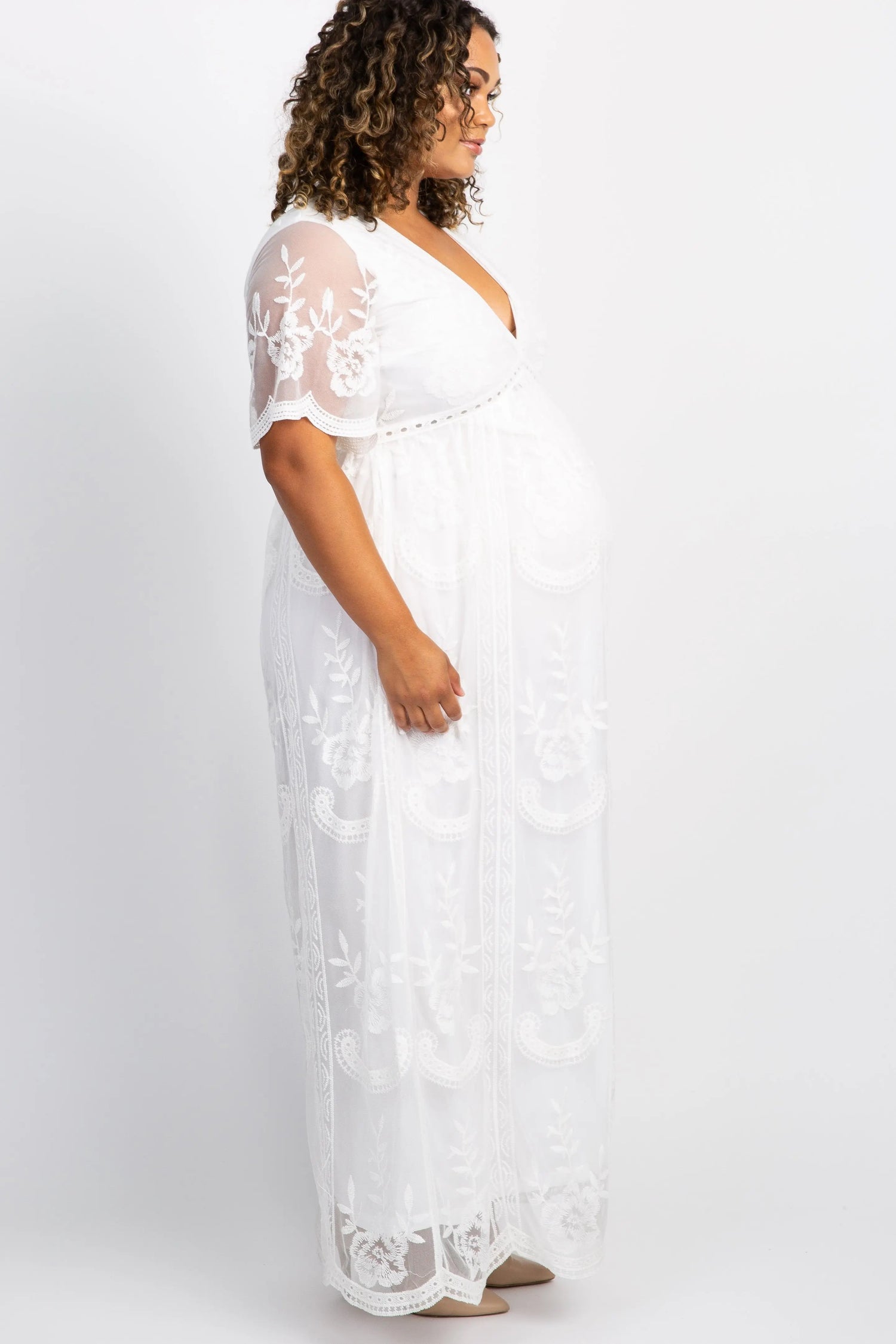 PinkBlush PinkBlush White Lace Mesh Overlay Plus Maternity Maxi Dress - 
