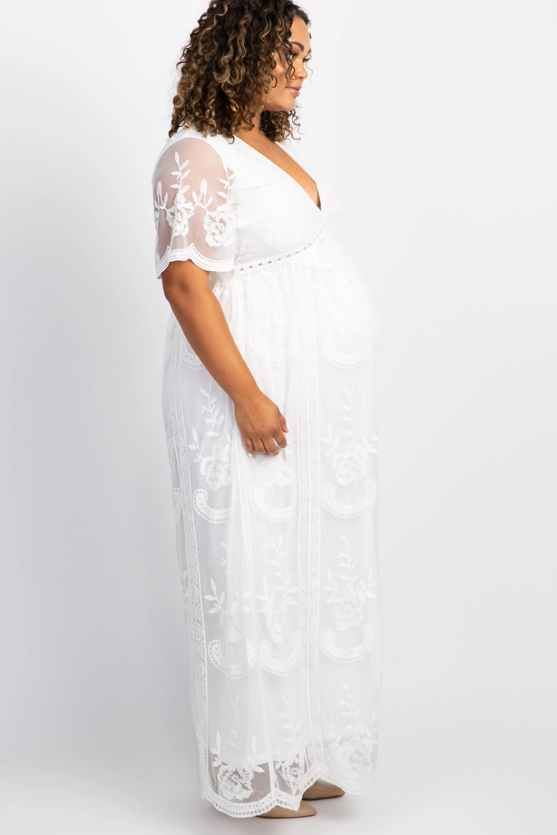 PinkBlush PinkBlush White Lace Mesh Overlay Plus Maternity Maxi Dress - 