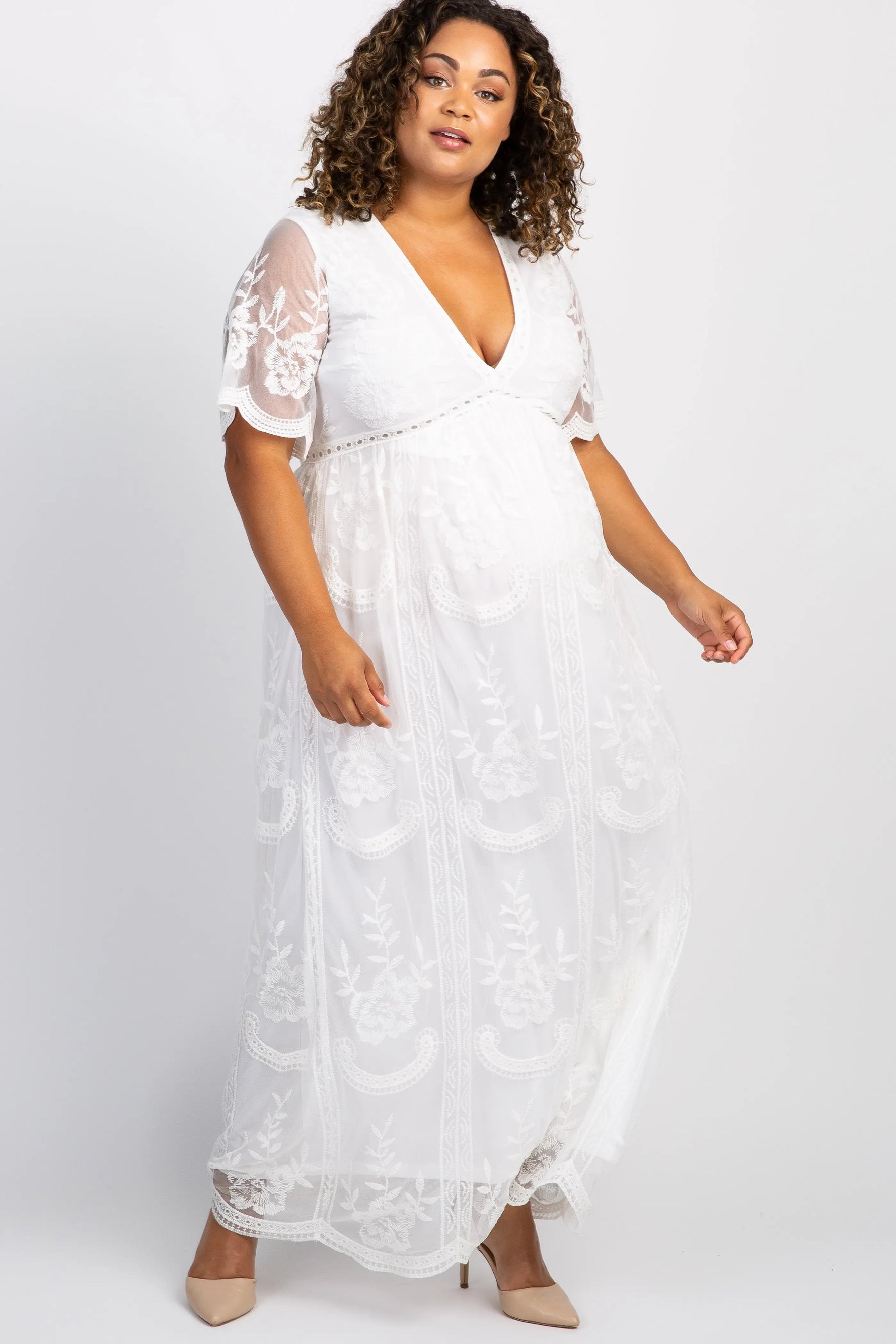PinkBlush PinkBlush White Lace Mesh Overlay Plus Maternity Maxi Dress - 