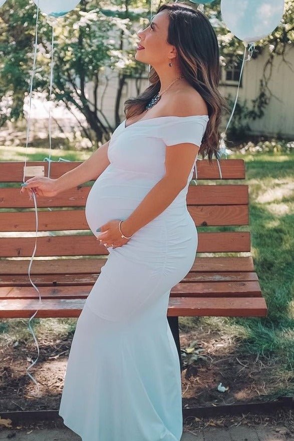 PinkBlush PinkBlush White Off Shoulder Wrap Maternity Photoshoot Gown/DressEveretts Place