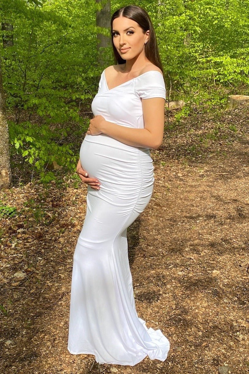 PinkBlush PinkBlush White Off Shoulder Wrap Maternity Photoshoot Gown/DressEveretts Place