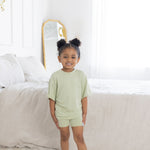 Pistachio green toddler short sleeve tee with a relaxed, oversized fit