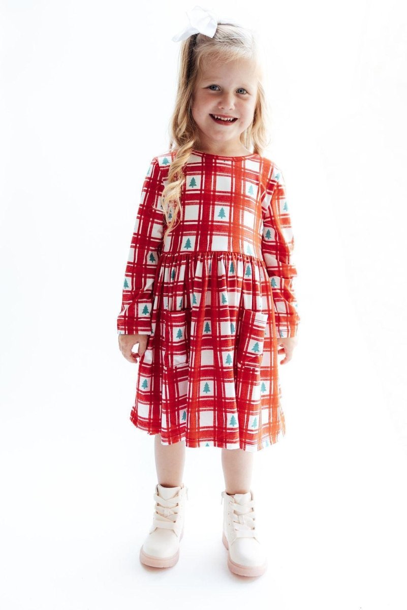 Mila & Rose ® Plaid Trees L/S Pocket Twirl Dress - 