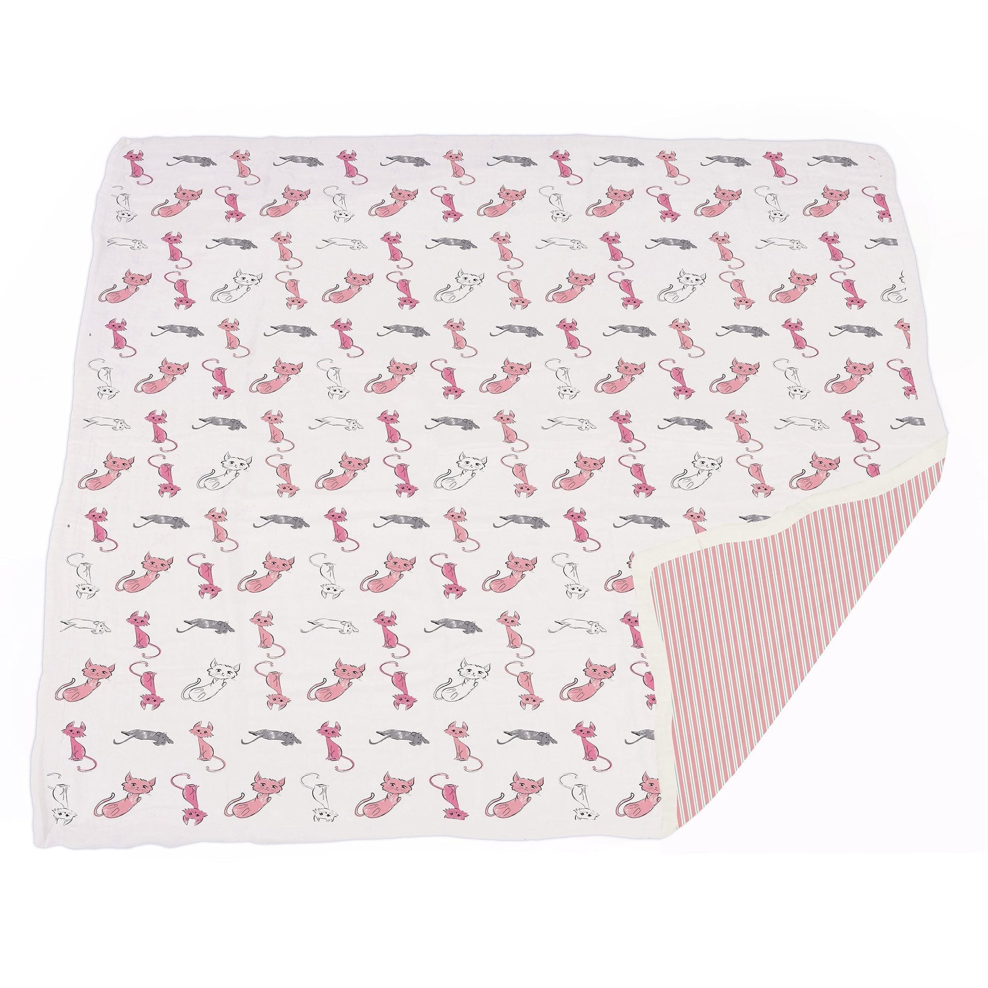 Playful Kitty and Candy Stripe Bamboo Muslin Blanket for Kids 47 Inch x 47 Inch Newcastle Classics