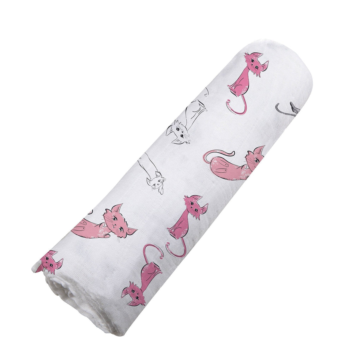 Soft bamboo muslin swaddle with a playful kitty pattern, perfect for baby's comfort and sleep.