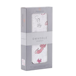 Soft bamboo muslin swaddle with a playful kitty pattern, perfect for baby's comfort and sleep.