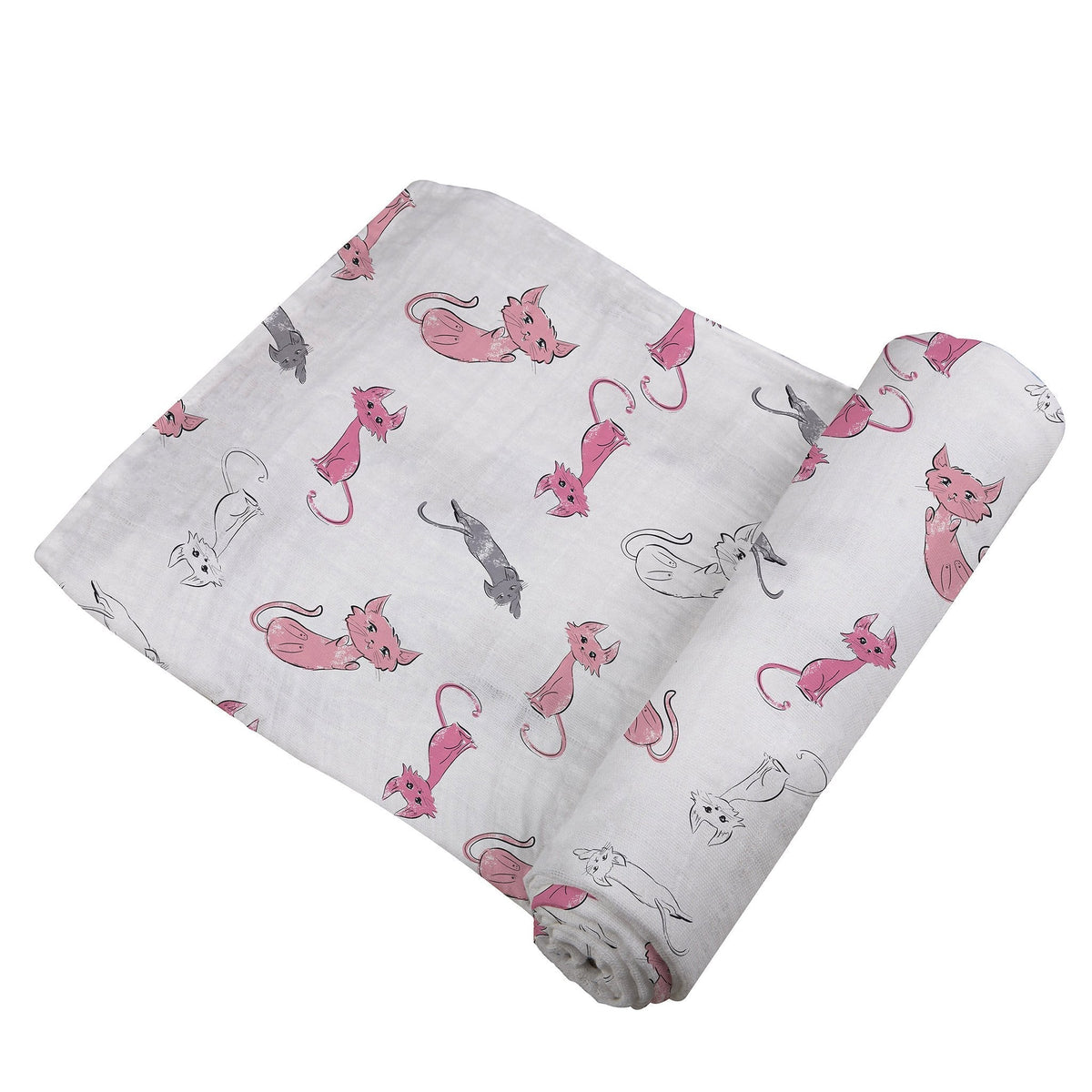 Soft bamboo muslin swaddle with a playful kitty pattern, perfect for baby's comfort and sleep.