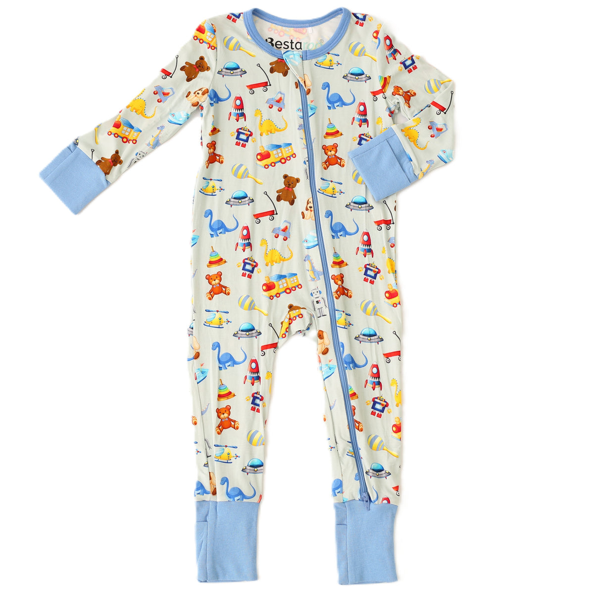 Baby convertible coverall with playtime buddies print, two-way zipper, and convertible fold-over feet