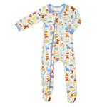 Baby footie pajamas in Playtime Buddies print with full-length two-way zipper and covered feet