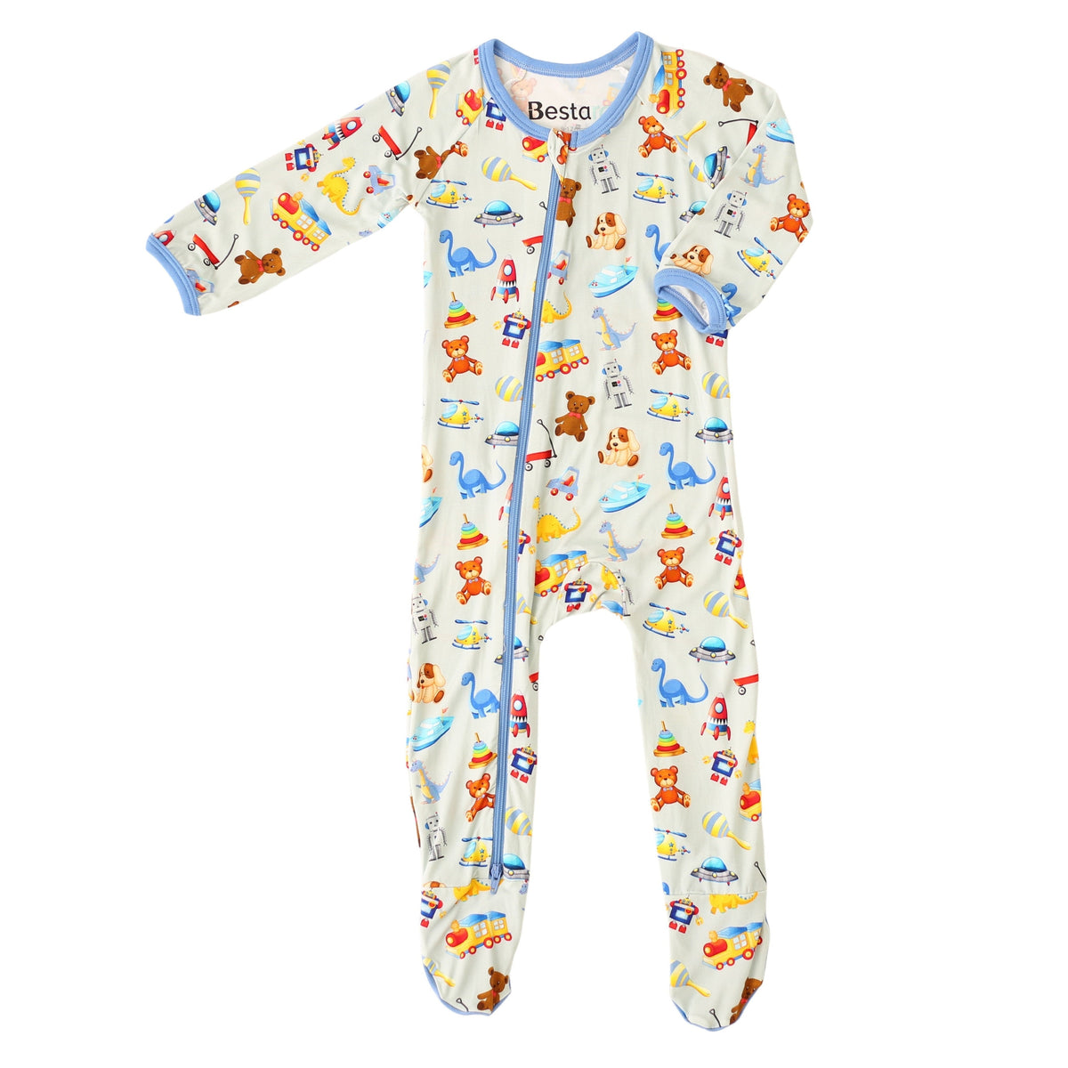 Baby footie pajamas in Playtime Buddies print with full-length two-way zipper and covered feet