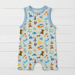 Sleeveless baby shortall romper in bamboo fabric with snap closures at the shoulders and legs
