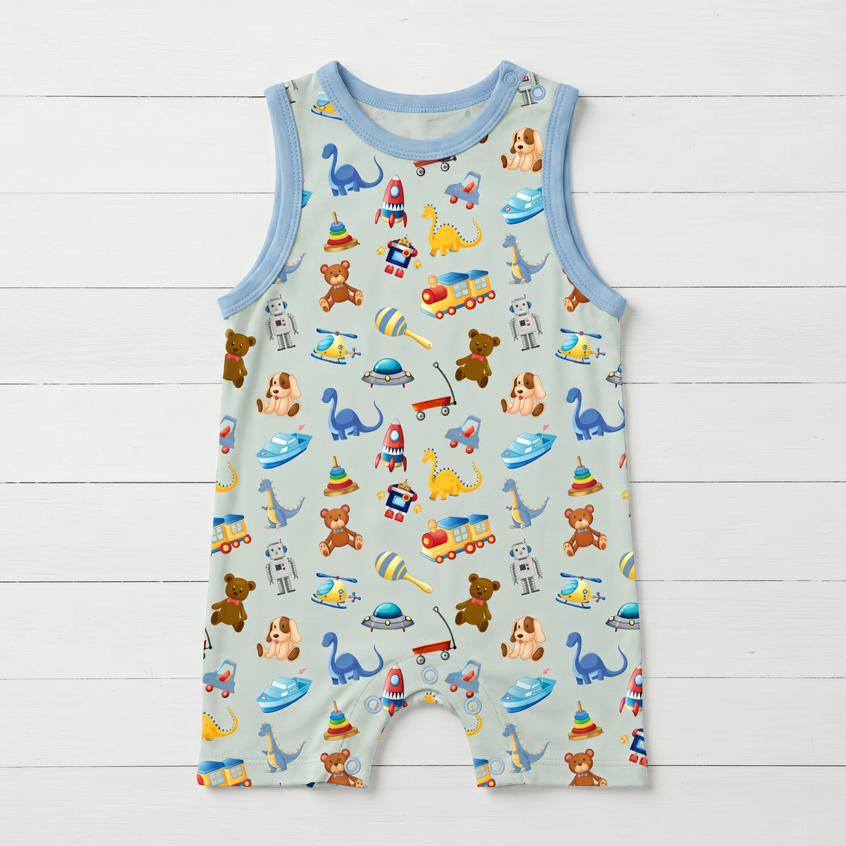Sleeveless baby shortall romper in bamboo fabric with snap closures at the shoulders and legs