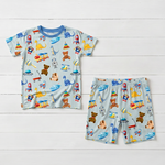 Two-piece pajama set with short sleeve top and matching shorts in a playtime buddies print