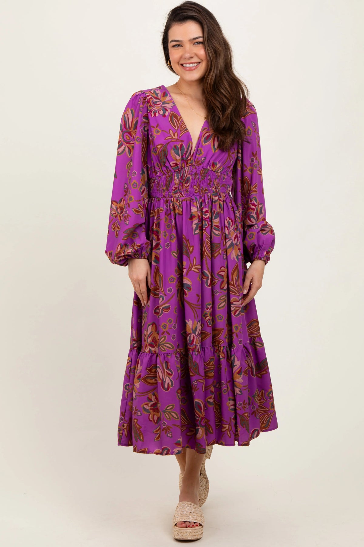 PinkBlush Plum Floral Smocked Waist Long Sleeve Midi Dress - 