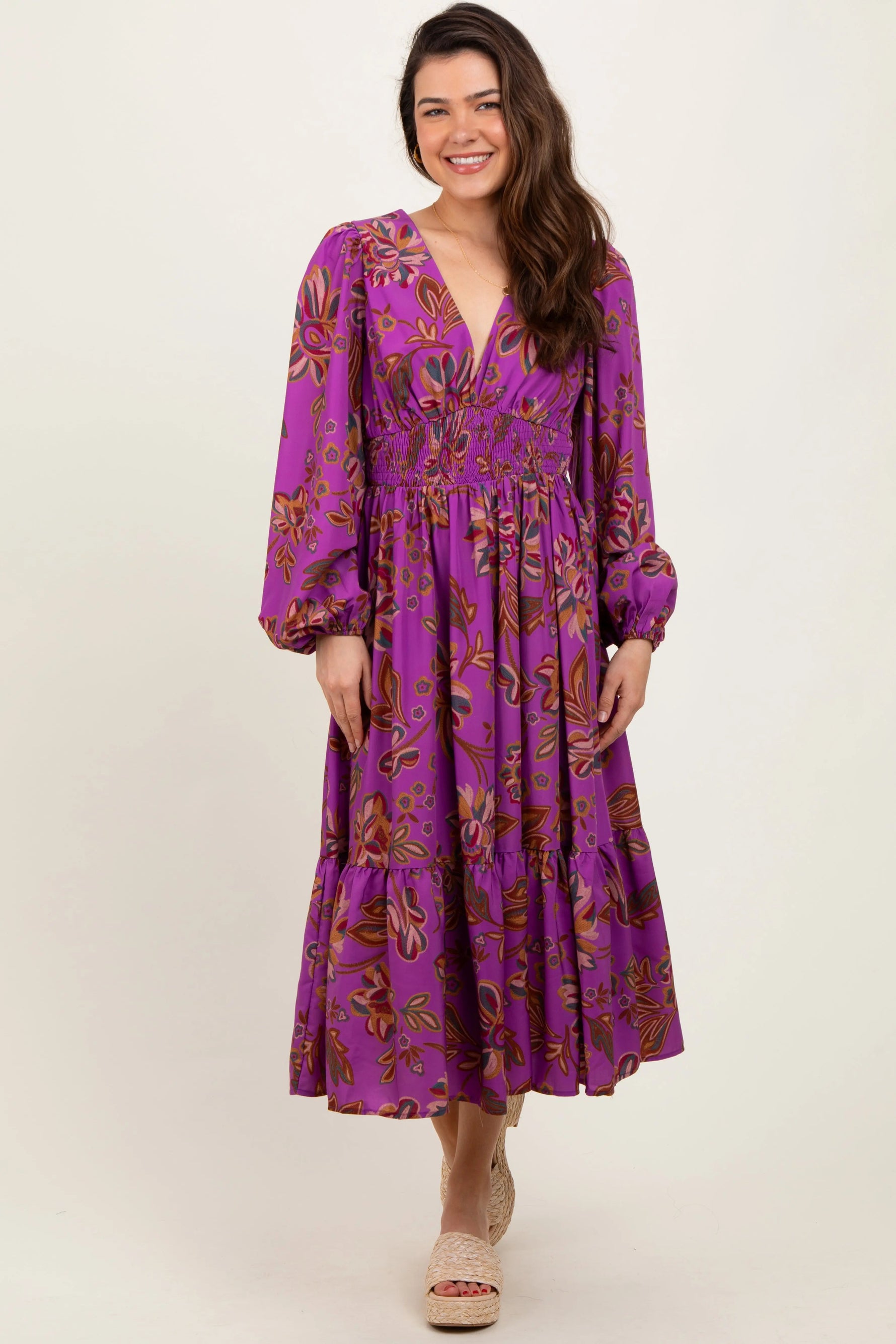 PinkBlush Plum Floral Smocked Waist Long Sleeve Midi Dress - 