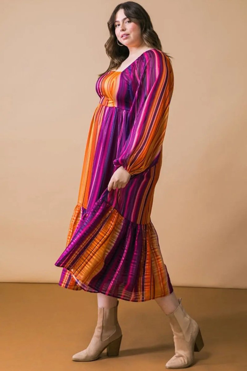 PinkBlush Plum Striped Metallic Yarn Midi Dress with Balloon Sleeves for Plus Size Women - 