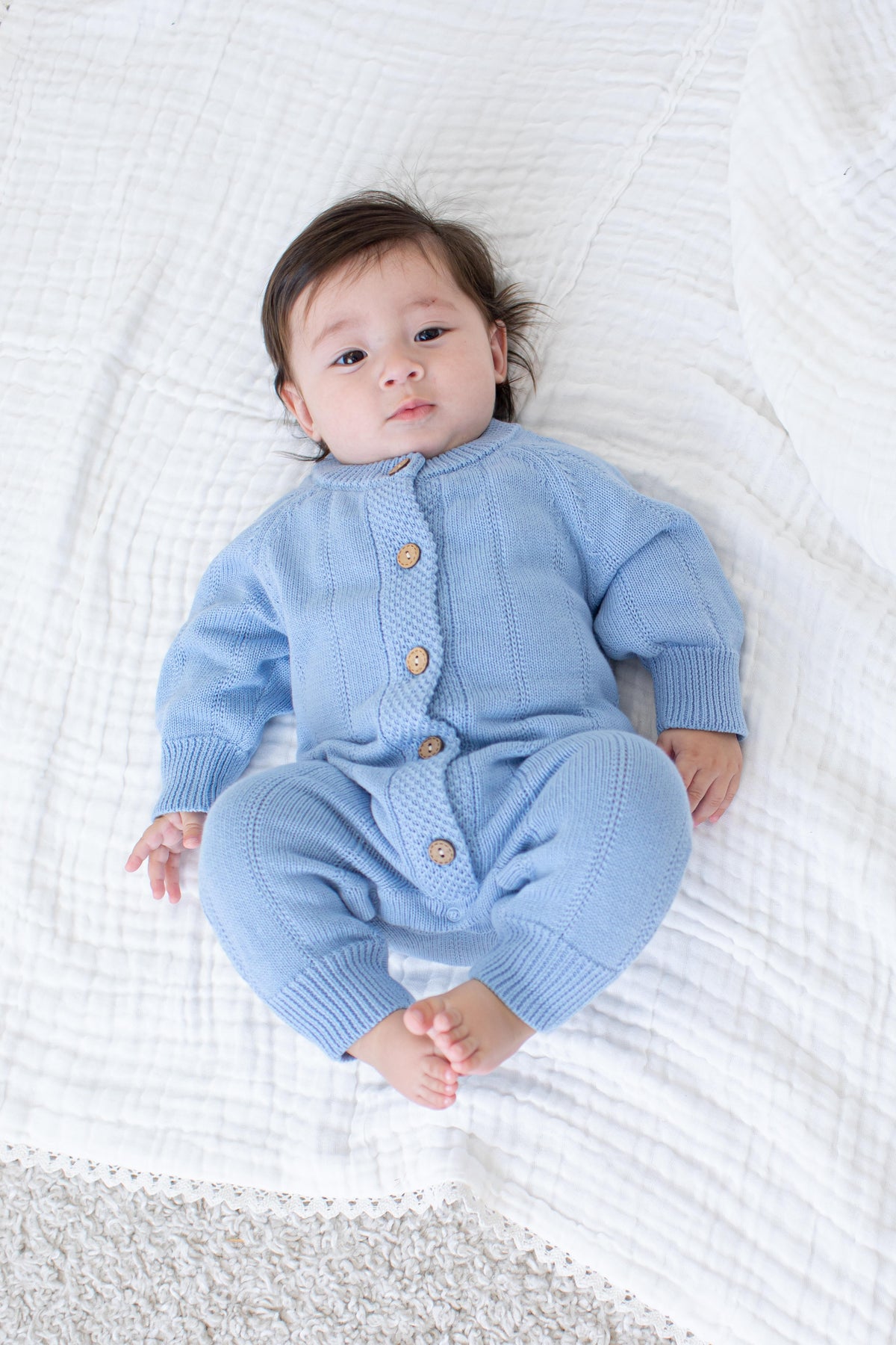 Pointelle Knit Romper in Powder Blue by Bestaroo