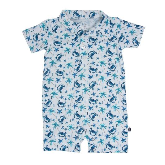 Blue Crabs Polo Romper For Boys With Short Sleeves And Snap Closure Sweet Bamboo
