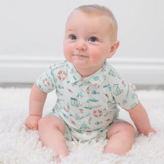 Fishing Poles Polo Romper for Boys Comfortable Short Sleeve Outfit Sweet Bamboo