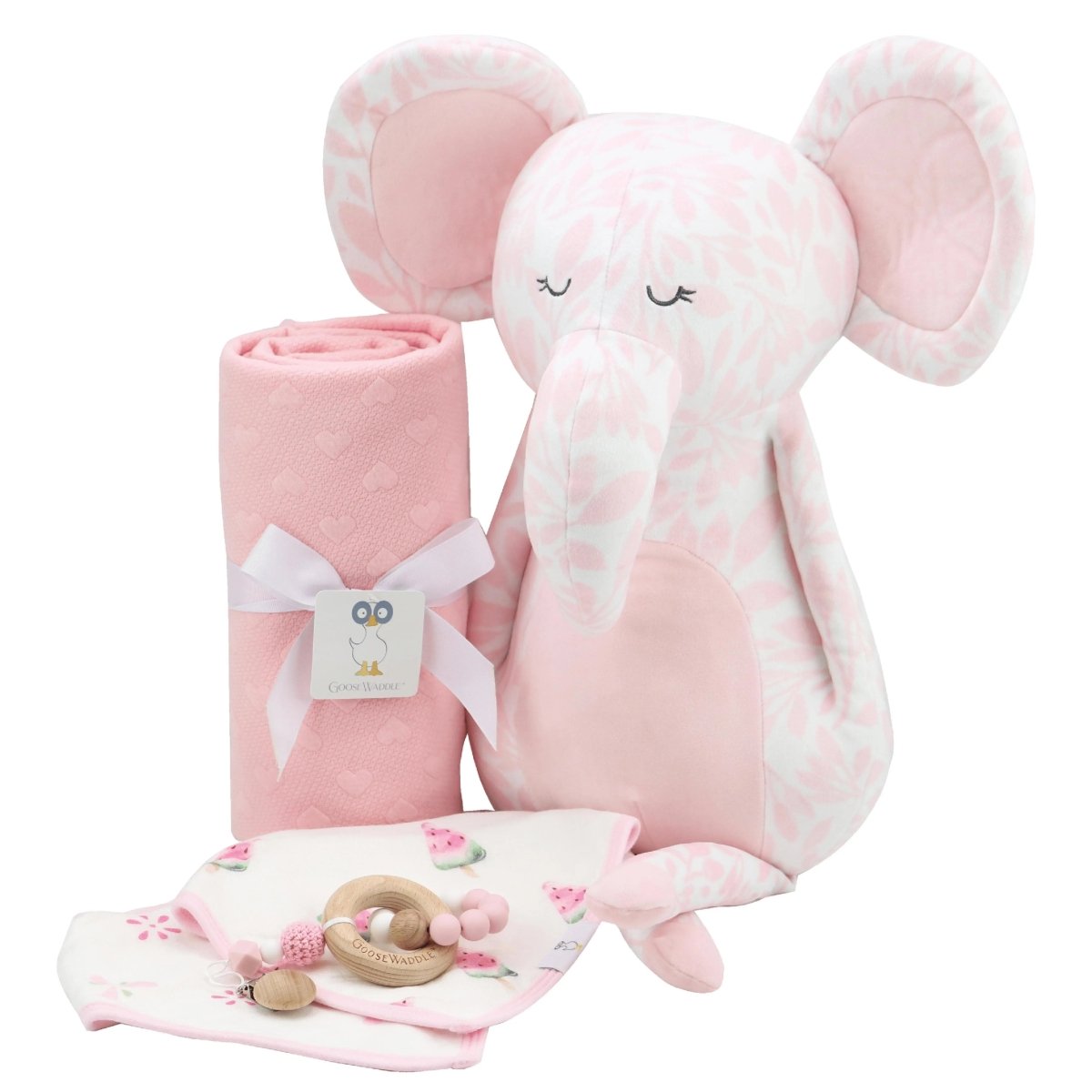 Goosewaddle® | Newborn Baby Blankets Toys Teethers Bibs & More Poppy Elephant Gift Set with Plush Toy Mug and Keychain