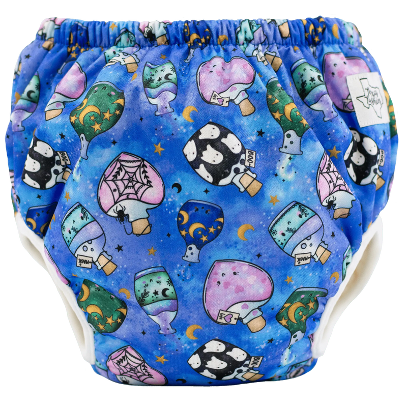 Potions training pants with magical potion bottle print and bamboo layers for potty training.