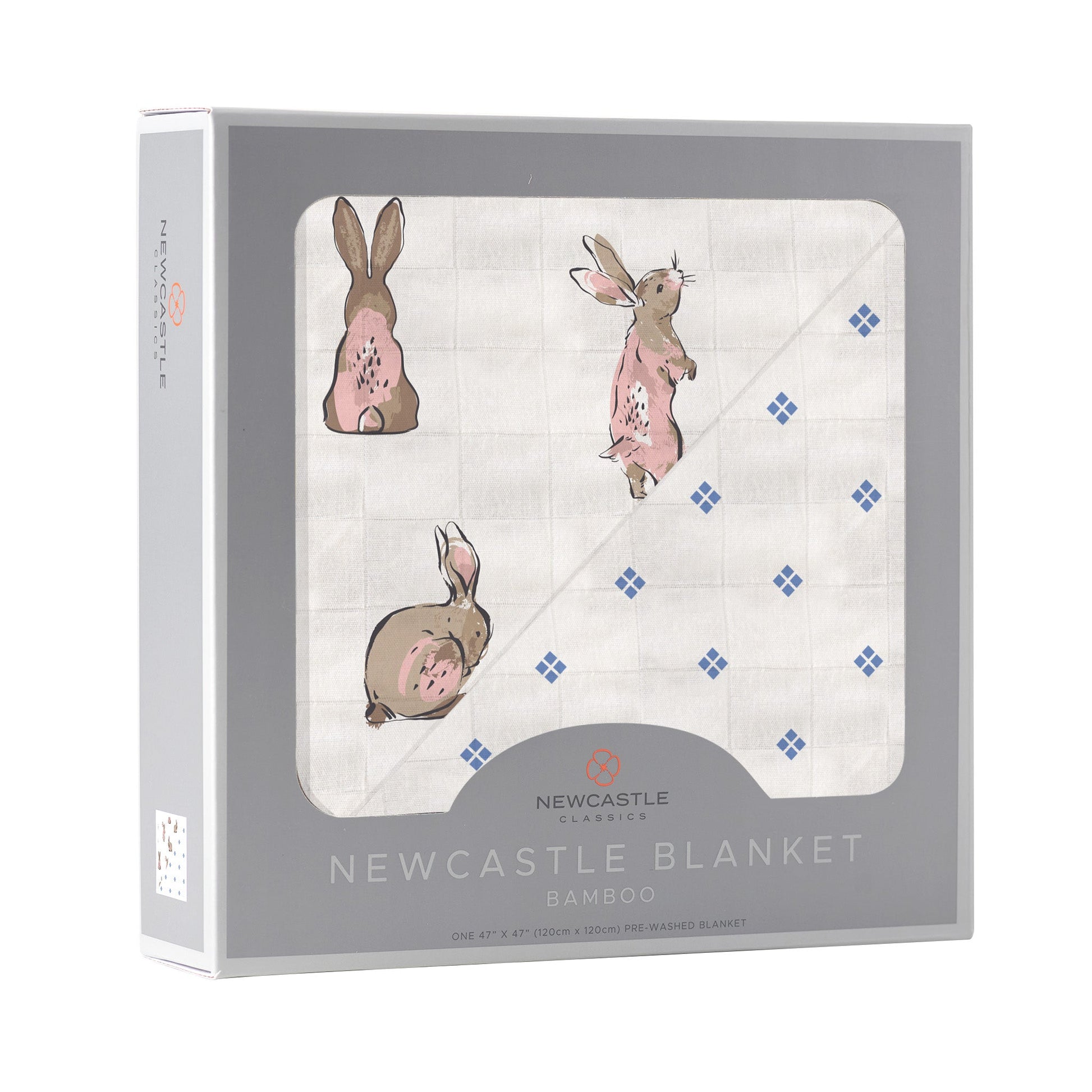 Powder Pink Bunnies and Periwinkle Diamond Polka Dot Bamboo Blanket 47 x 47 Inches Newcastle Classics