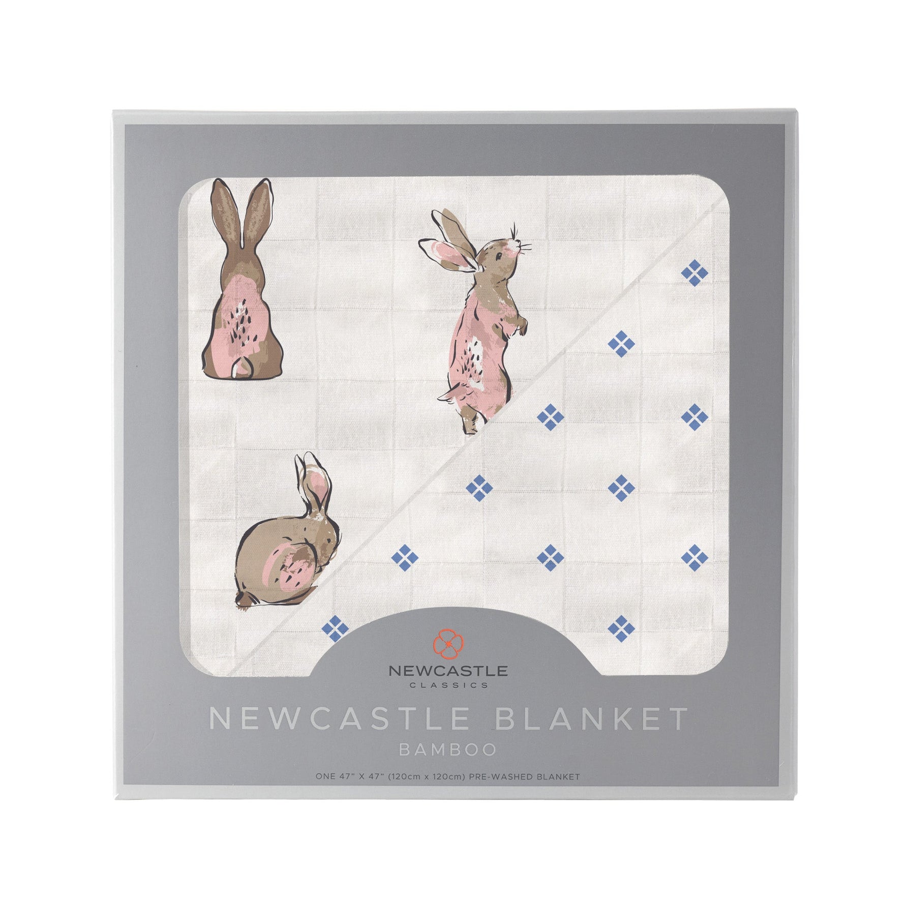 Newcastle Classics Powder Pink Bunnies and Periwinkle Diamond Polka Dot Bamboo Newcastle Blanket - 