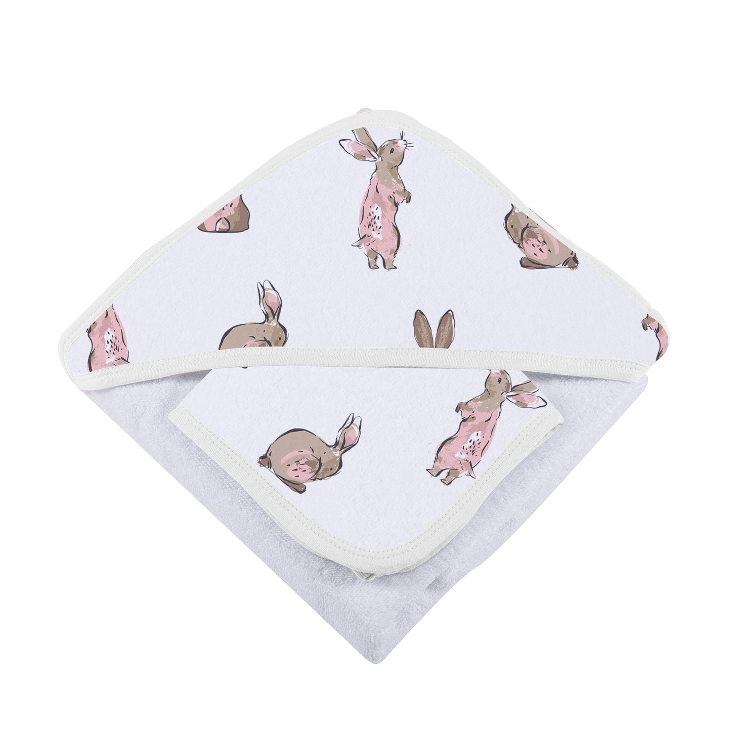 Powder Pink Bunnies Bamboo Hooded Towel and Washcloth Set 35 Inch x 35 Inch Natural Bamboo Muslin Newcastle Classics