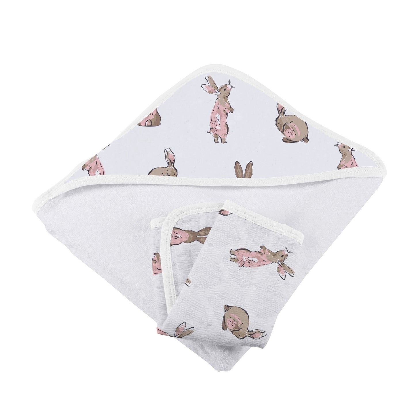 Powder Pink Bunnies Bamboo Hooded Towel and Washcloth Set 35 Inch x 35 Inch Natural Bamboo Muslin Newcastle Classics