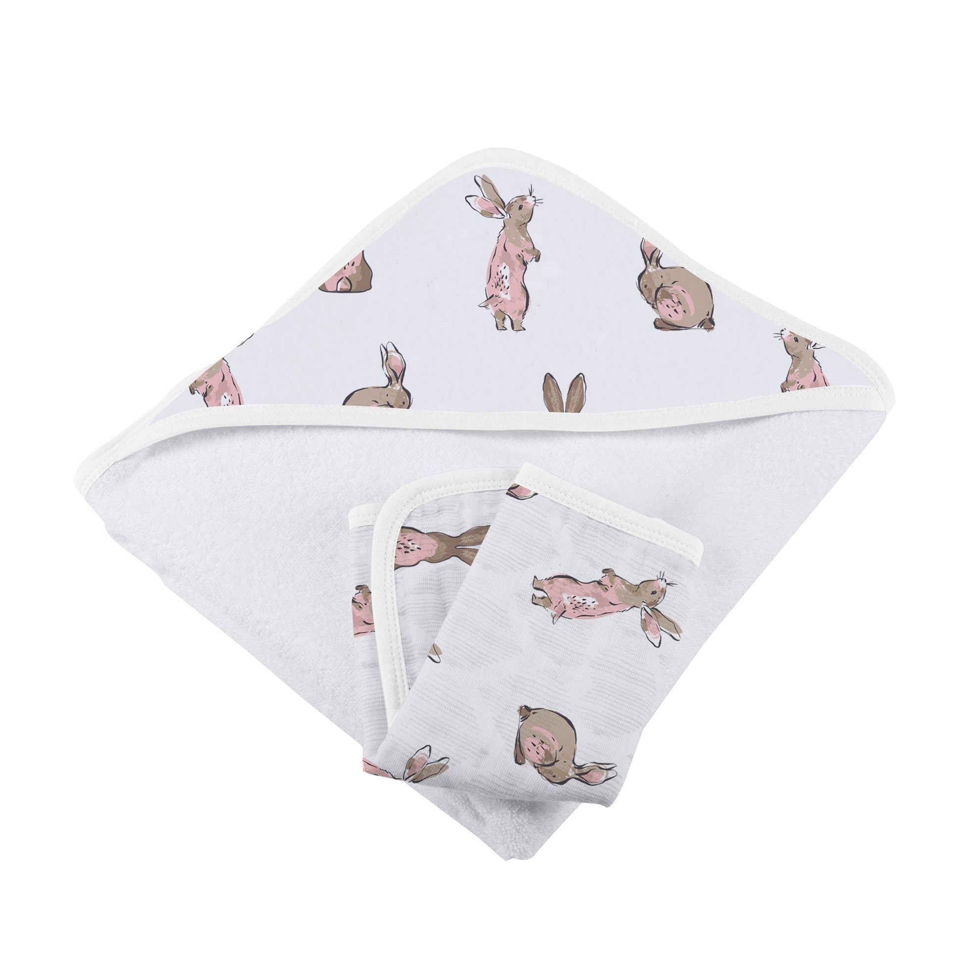 Powder Pink Bunnies Bamboo Hooded Towel and Washcloth Set 35 Inch x 35 Inch Natural Bamboo Muslin Newcastle Classics