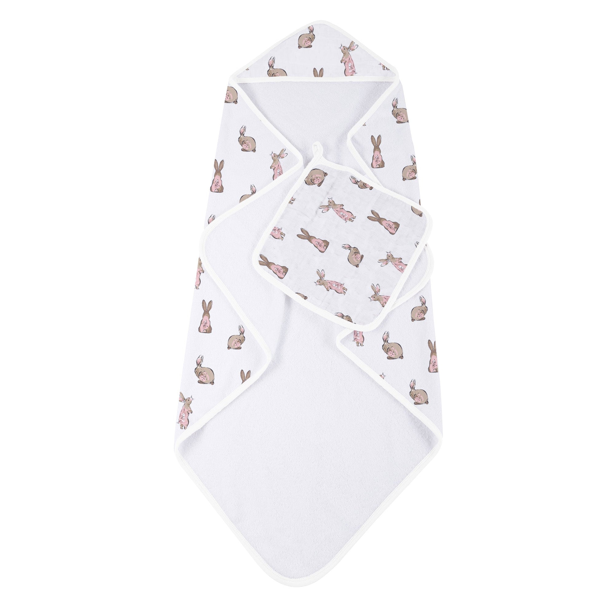 Powder Pink Bunnies Bamboo Hooded Towel and Washcloth Set 35 Inch x 35 Inch Natural Bamboo Muslin Newcastle Classics