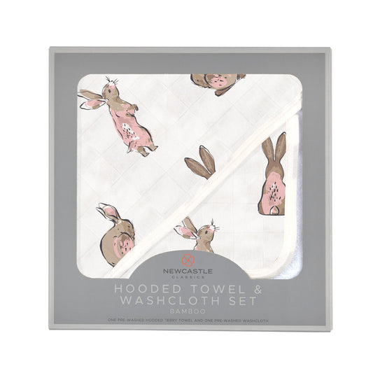 Powder Pink Bunnies Bamboo Hooded Towel and Washcloth Set 35 Inch x 35 Inch Natural Bamboo Muslin Newcastle Classics