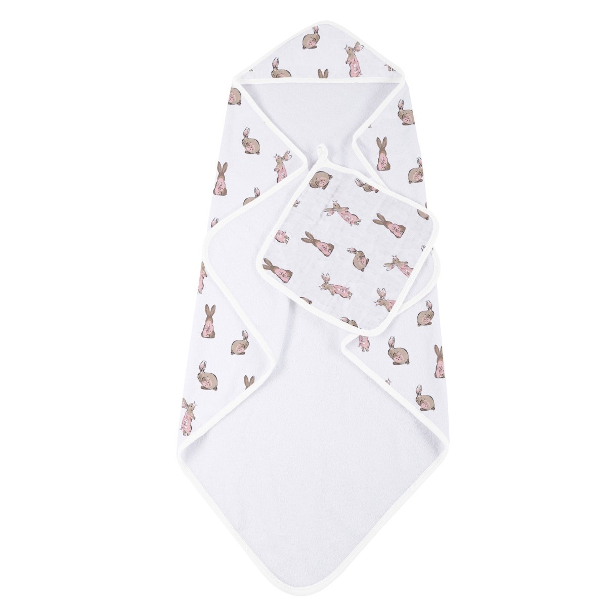Newcastle Classics Powder Pink Bunnies Hooded Towel Set with Natural Bamboo for Baby Girls - 
