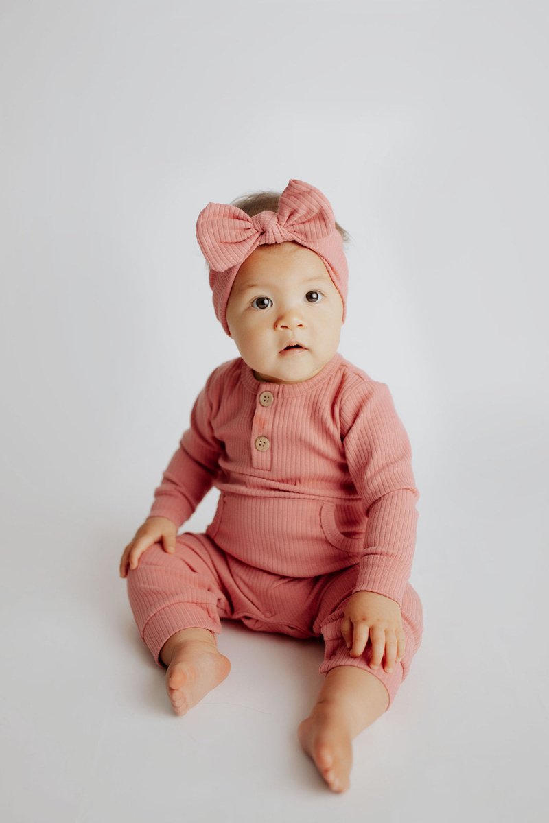 Three Little Tots Precious Pink Baby Ribbed Playsuit with pockets - 