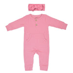 Three Little Tots Precious Pink Baby Ribbed Playsuit with pockets - 