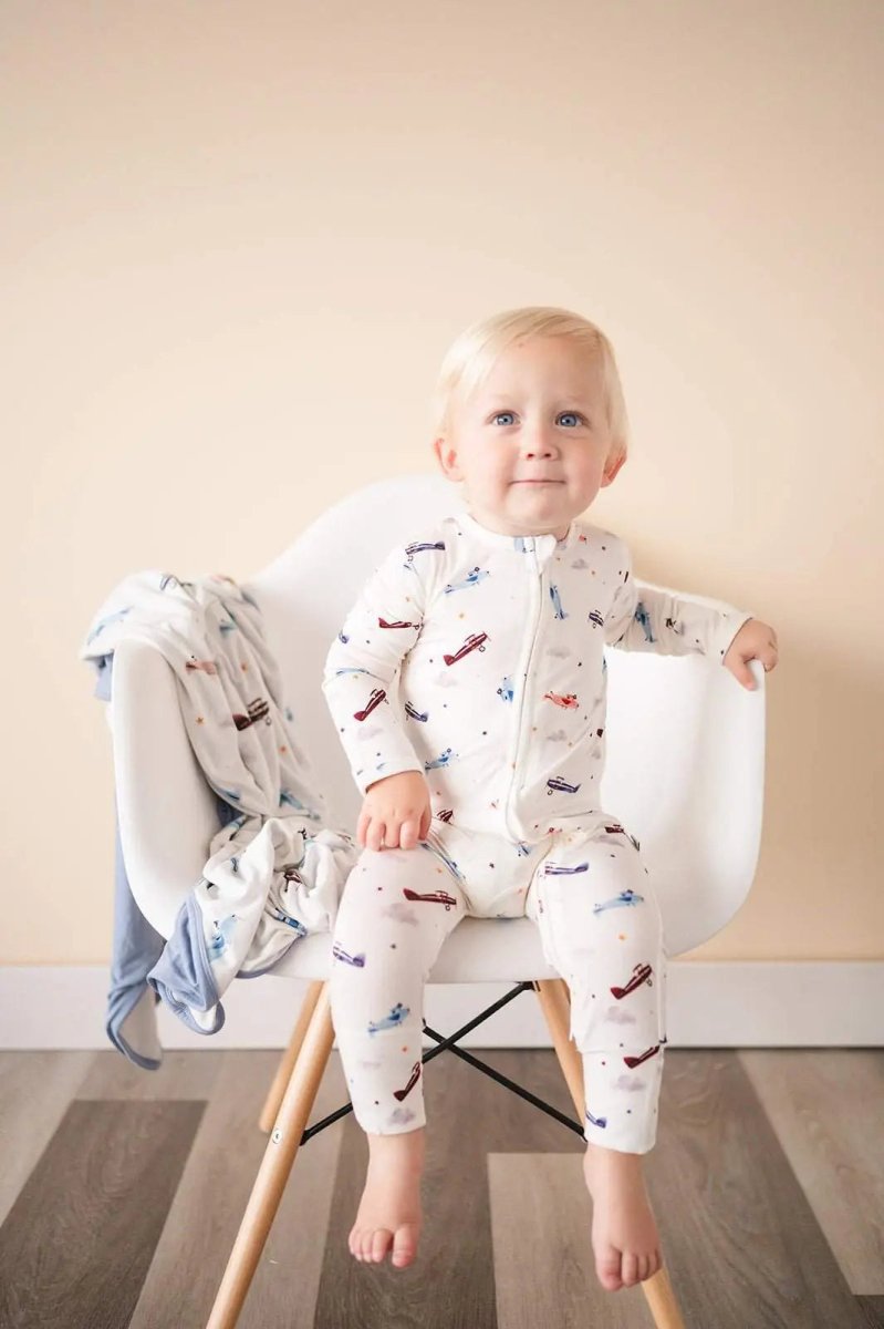 Harp Angel Boutique Premium Bamboo Viscose Zipper Romper with Vintage Airplane Design for Infants - 