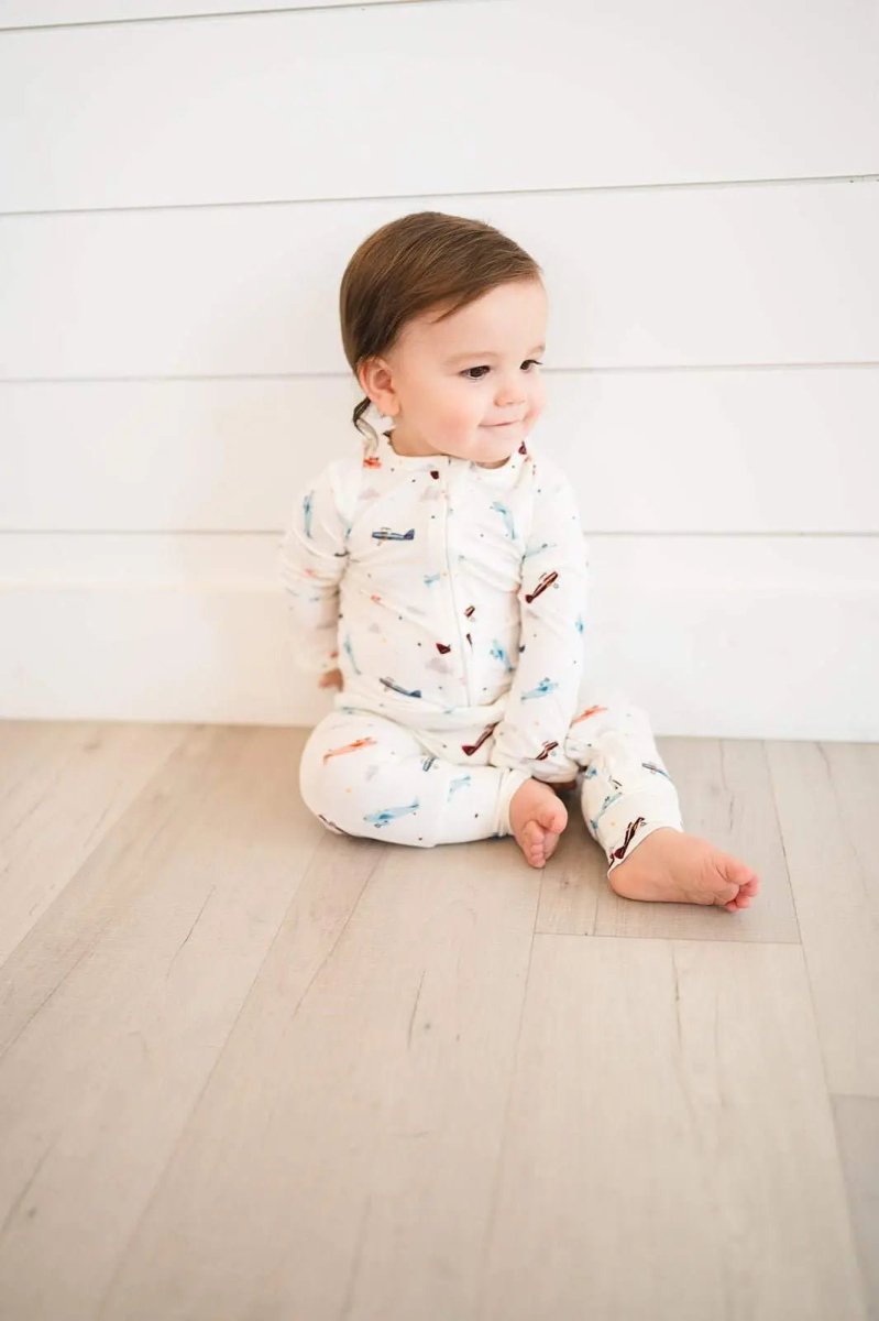 Harp Angel Boutique Premium Bamboo Viscose Zipper Romper with Vintage Airplane Design for Infants - 