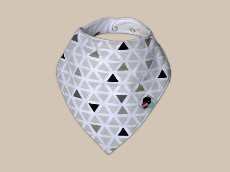 Whimsical Premium Baby Bandana Bib with geometric pattern, organic cotton, and adjustable snap closures.