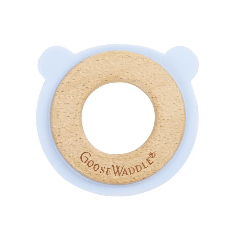 Goosewaddle® | Newborn Baby Blankets Toys Teethers Bibs & More Premium Wooden and Silicone Teether with Blue Bear Design for Babies - 