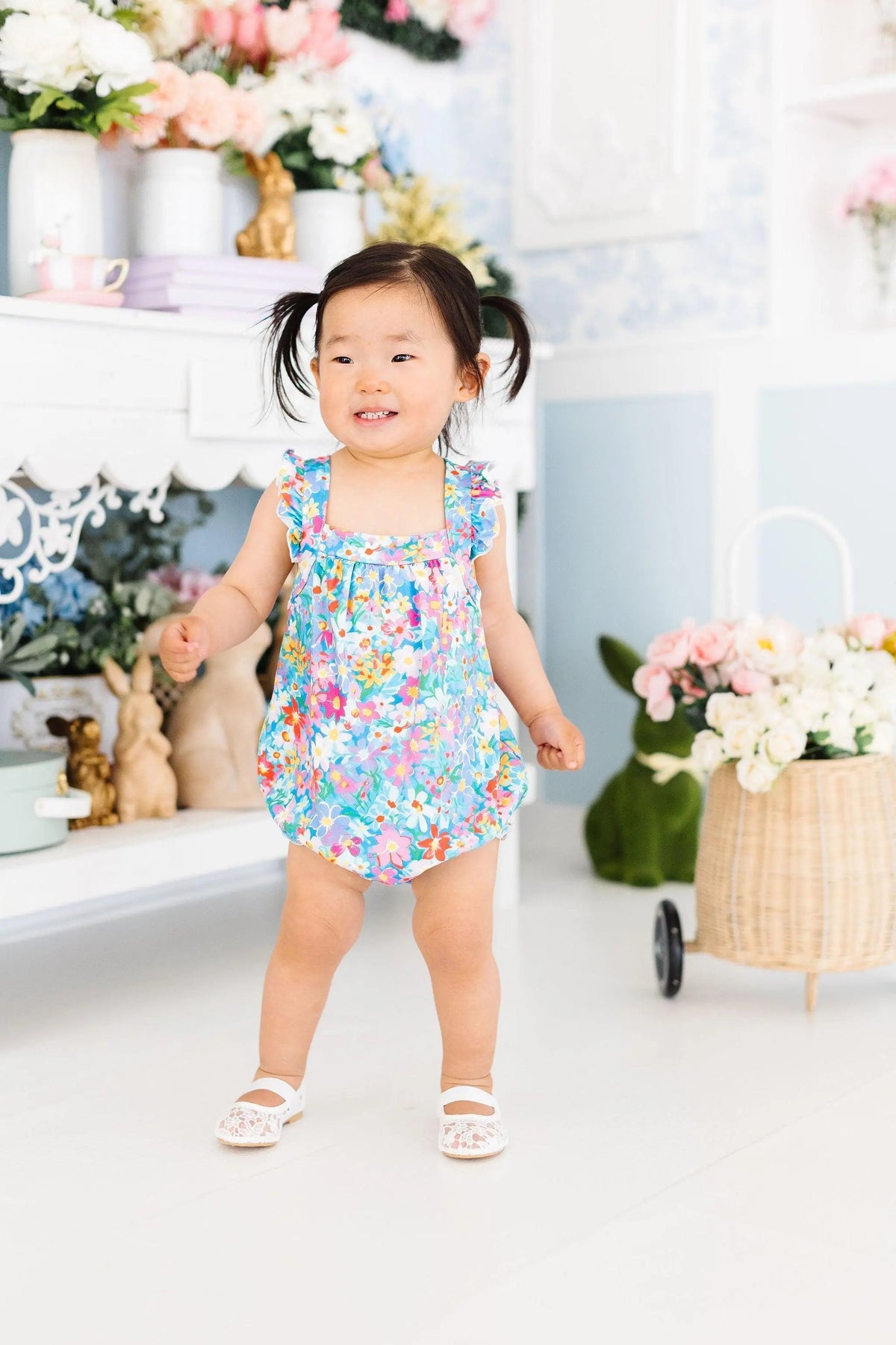 Mila & Rose ® Preppy Floral Ruffle Cross Back Romper - 