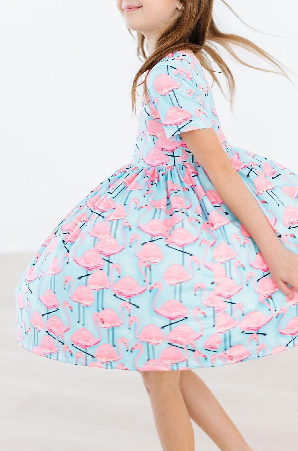 Mila & Rose ® Pretty in Pink Flamingos S/S Pocket Twirl Dress - 