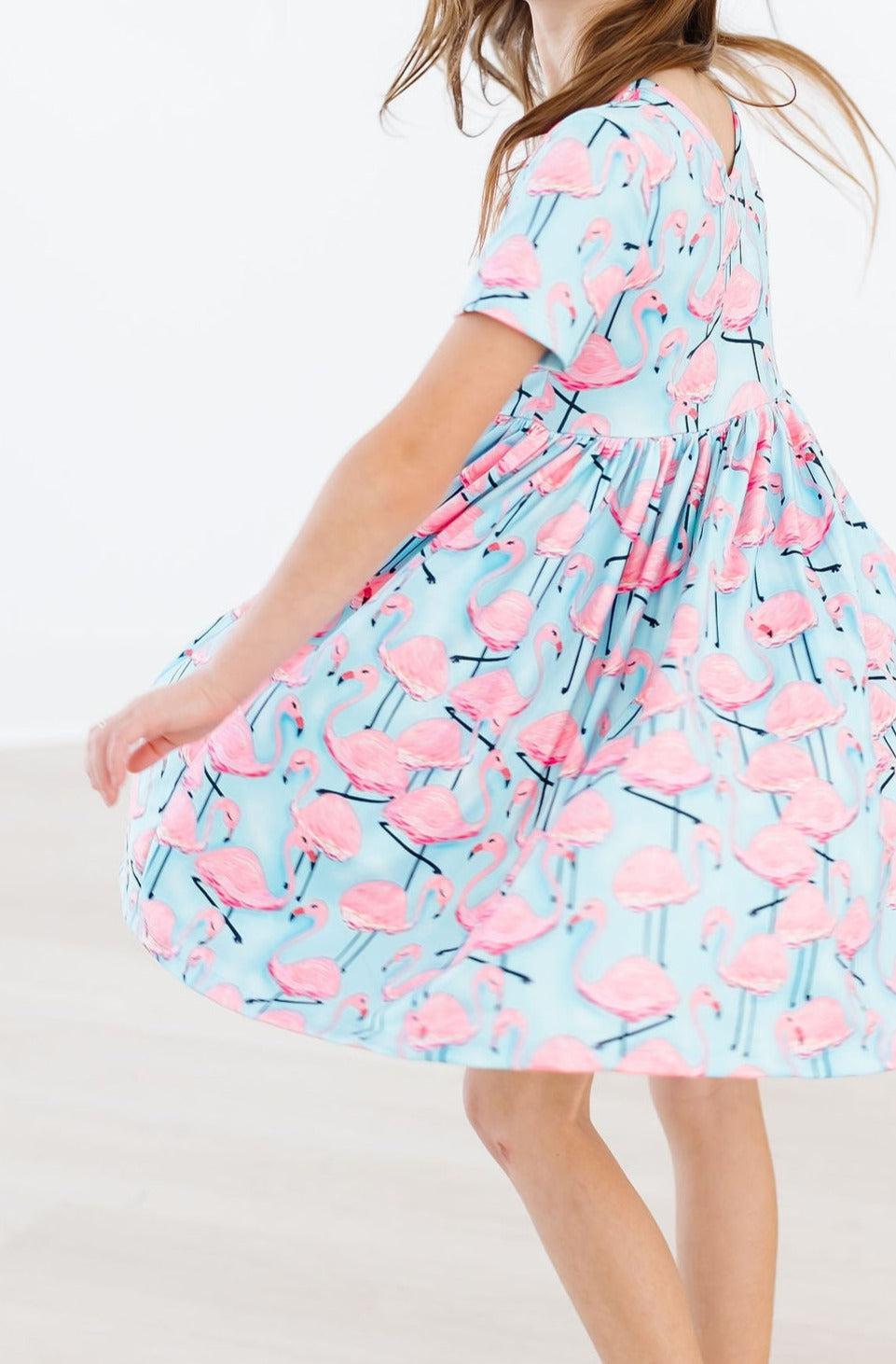 Mila & Rose ® Pretty in Pink Flamingos S/S Pocket Twirl Dress - 