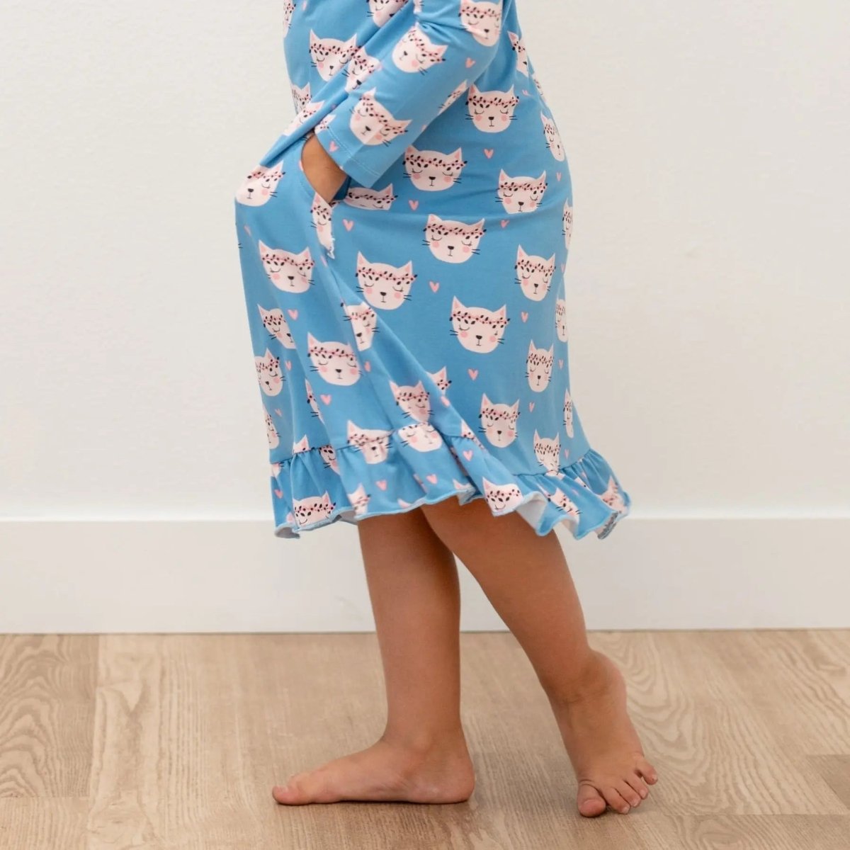 Sweet Bamboo Pretty Pink Cat Boho Dress with Ruffles and Pockets for Girls - 